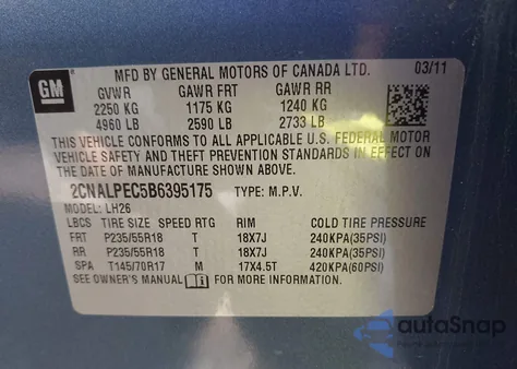 2011 Chevrolet Equinox 2Lt from USA, damaged, VIN 2CNALPEC5B6395175
